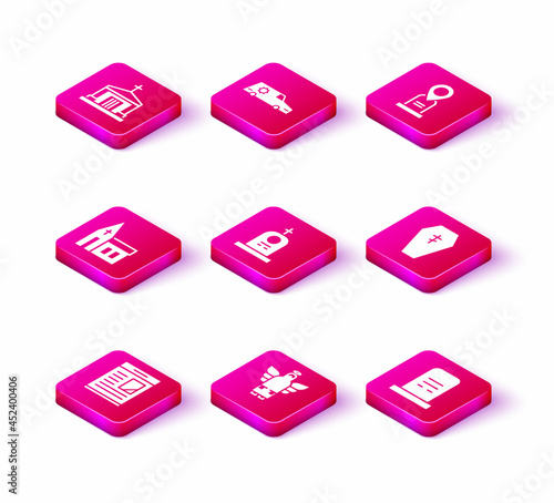 Set Obituaries, Christmas angel, Church building, Grave with tombstone, Coffin cross, Location grave and Hearse car icon. Vector