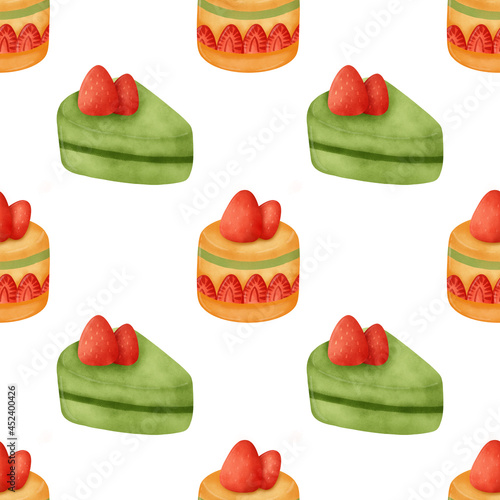 Hand drawn watercolor cakes seamless patterns.