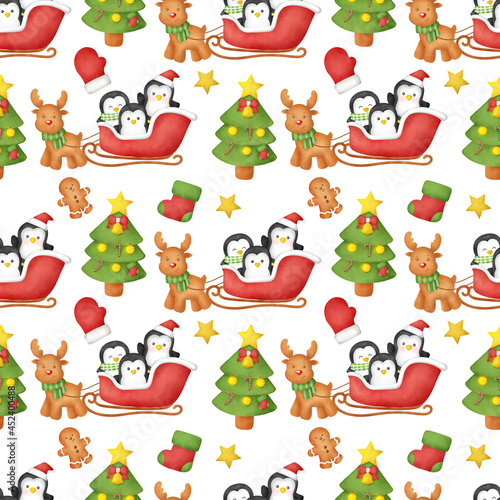 Watercolor christmas day with cute penguins seamless patterns.