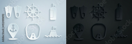 Set Diving mask, Aqualung, Location with anchor, Floating buoy the sea, Ship steering wheel and Rubber flippers icon. Vector
