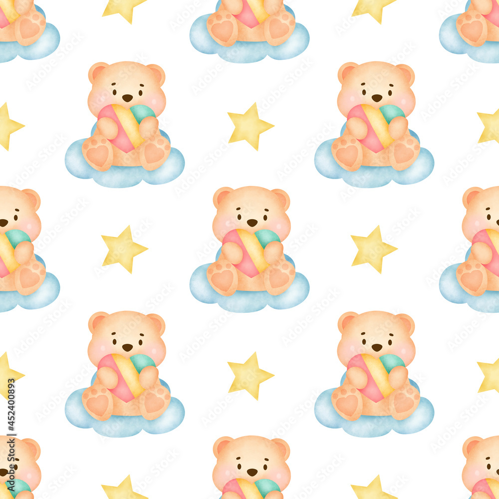 watercolor cute teddy bear seamless patterns