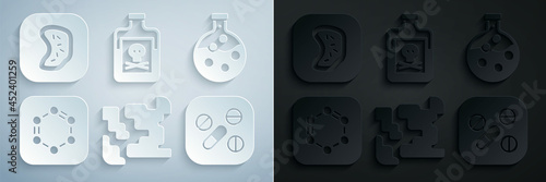 Set Gaseous, Test tube and flask, Formula of benzene rings, Medicine pill tablet, Poison bottle and Bacteria icon. Vector