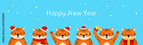 Christmas card with Tiger mascot new year. Animal tigers in Santa hat cartoon flat postcard. Banner comic cute stripe big cat, clipart symbol Happy New year vector © neliakott