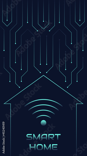 Smart home concept, modern technologies, future. Vector illustration of an abstract house stylistically designed in the form of microcircuits, lines. Web banner design template, site decoration.