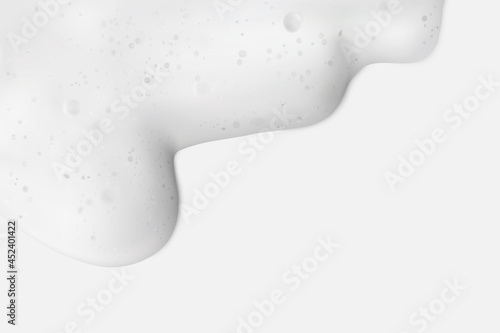 Soap foam with bubbles on white background frame with copy space, horizontal. Shampoo or cleanser texture realistic 3d vector illustration