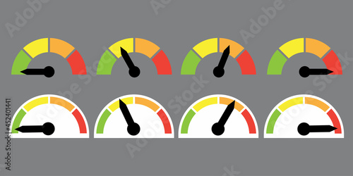 Color speedometer icons set. Progress performance chart. Scale meter. Infographic design. Vector illustration. Stock image. 