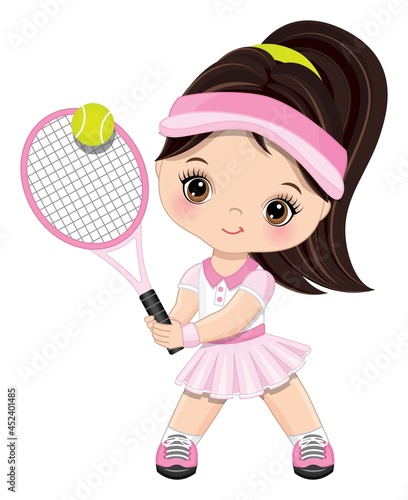 Cute Little Girl Wearing Pink and White Sport Outfit Playing Tennis. Vector Little Tennis Player