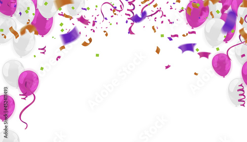 Collection of light white purple balloons flying in a row. Isolated on background