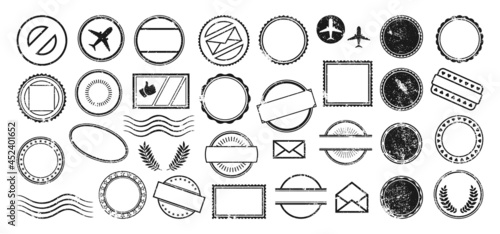 Postal Stamp frame grunge empty set. Banners vintage icon border postmark pack. Texture blank imprints stamps. Document and package, letter insignia collection round and square stamp symbol label