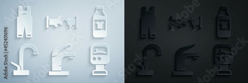 Set Water tap, Bottle for cleaning agent, Pressure water meter, Broken pipe and Work overalls icon. Vector