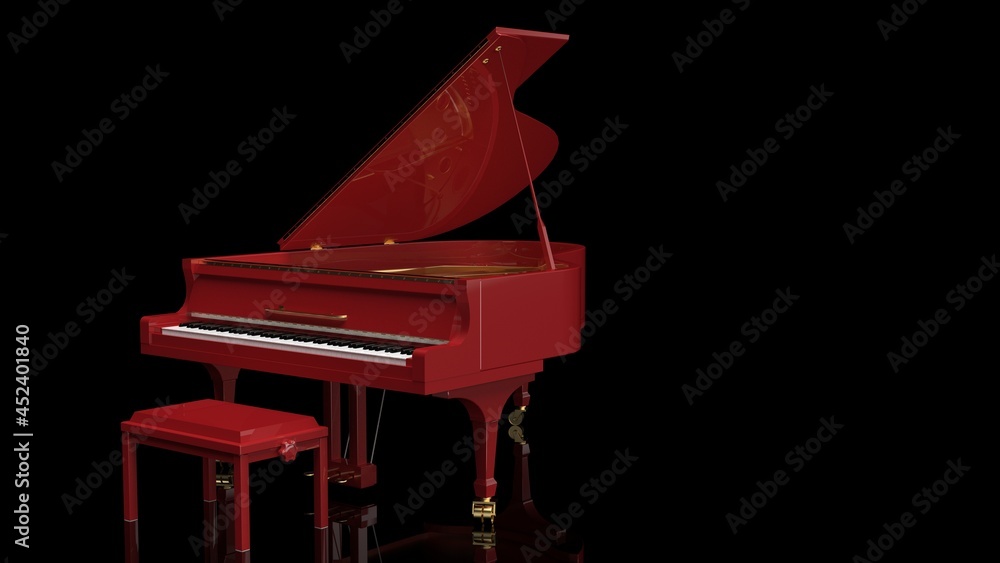 Metallic Red-Gold Grand Piano under black background. 3D illustration