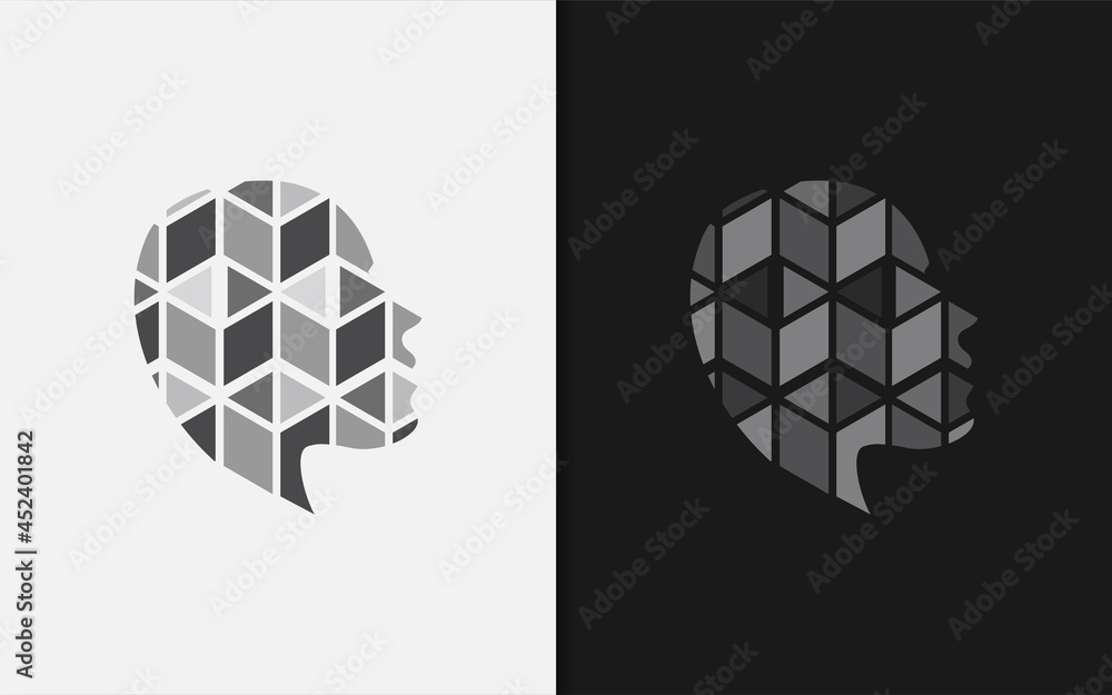 Abstract Head Silhouette Logo with Geometric Square Cubic Inside Combination. Abstract Head Silhouette Logo with Geometric Square Cubic Inside Combination.