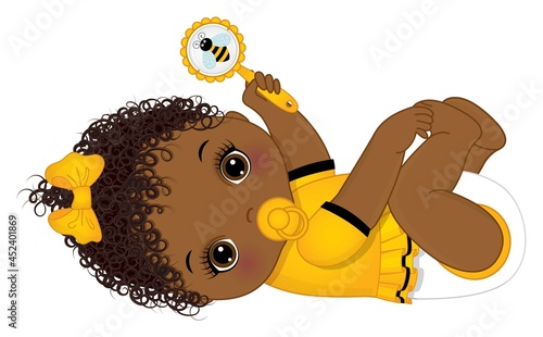 Cute Little African American Baby Girl Holding Rattle. VectorBlack Baby Girl with Pacifier