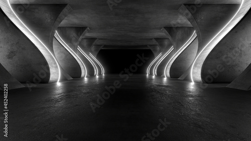 Fototapeta Naklejka Na Ścianę i Meble -  A dark tunnel lit by white neon lights. Reflections on the floor and walls. 3d rendering image.