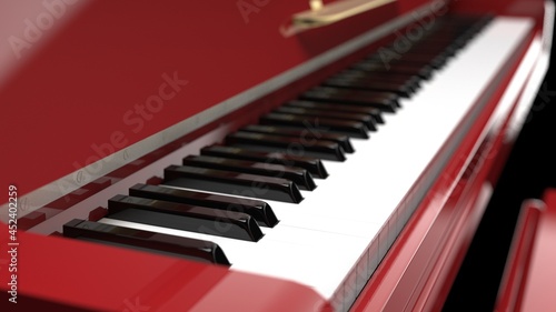 Metallic Red-Gold Grand Piano under black background. 3D illustration. 3D high quality rendering.  