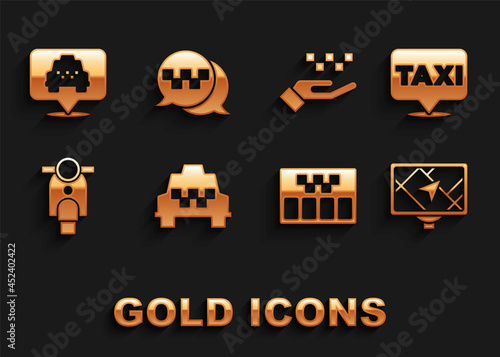 Set Taxi car, Location with taxi, Gps device map, Taximeter, Scooter, Hand, and call telephone service icon. Vector