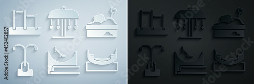 Set Skate park, Sandbox with sand, Street light, Boat swing, Attraction carousel and Horizontal bar icon. Vector