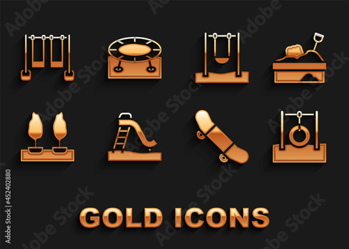 Set Kid slide, Sandbox with sand, Car tire hanging on rope, Skateboard trick, Forest, Swing, Double swing and Jumping trampoline icon. Vector
