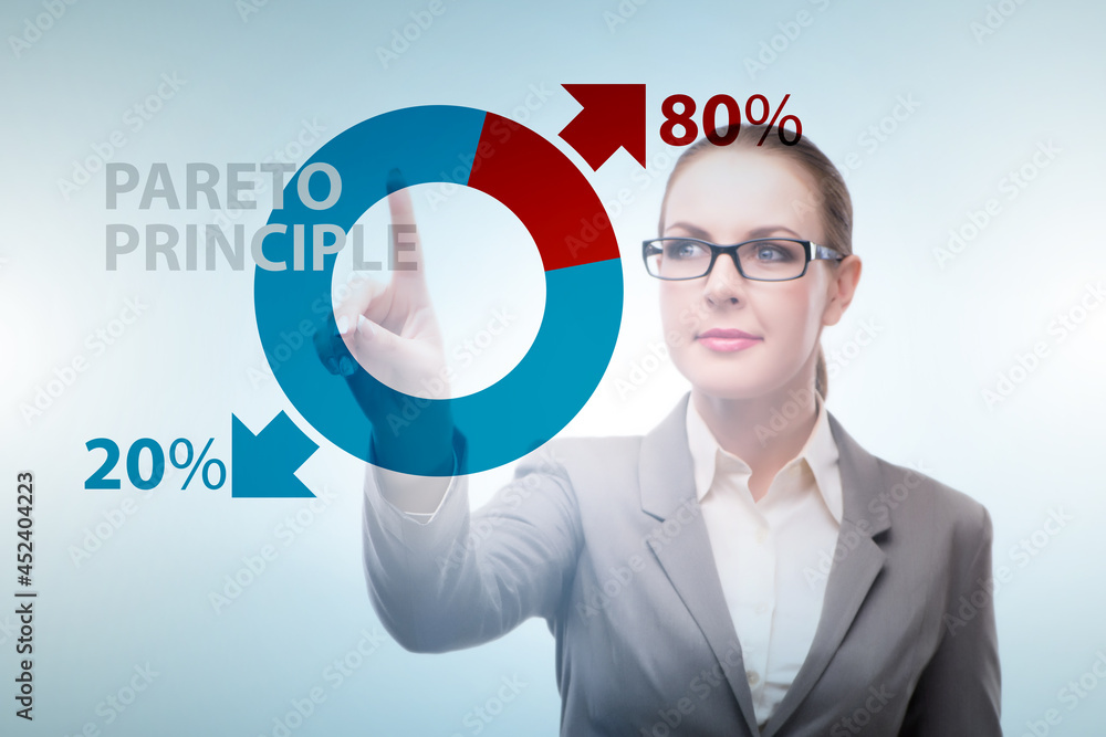 Businesswoman in pareto rule illustration Businesswoman in pareto rule illustration