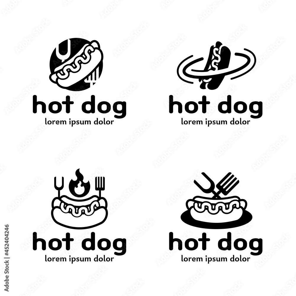 Set of Hot dog logo. Street food icon. Modern flat restaurant or cafe logotype. Vector design concept. fastfood sign illustration Set of Hot dog logo. Street food icon. Modern flat restaurant or cafe logotype. Vector design concept. fastfood sign illustration