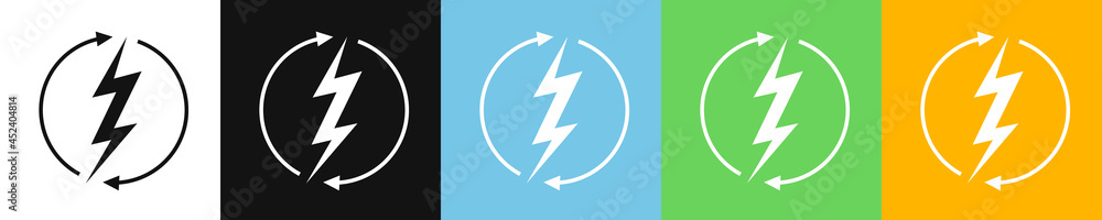 Renewable energy icons, graphic design template, lightning bolt. Set alternative power signs, vector illustration Renewable energy icons, graphic design template, lightning bolt. Set alternative power signs, vector illustration