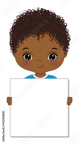 Cute African American Boy Holding Blank Frame to Customise Your Text. Vector Black Boy with Banner