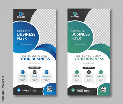 Circle shape dl flyer or rack card layout vector design template for corporate business. Useful for leaflet, booklet, brochure, poster, profile, and web banner.