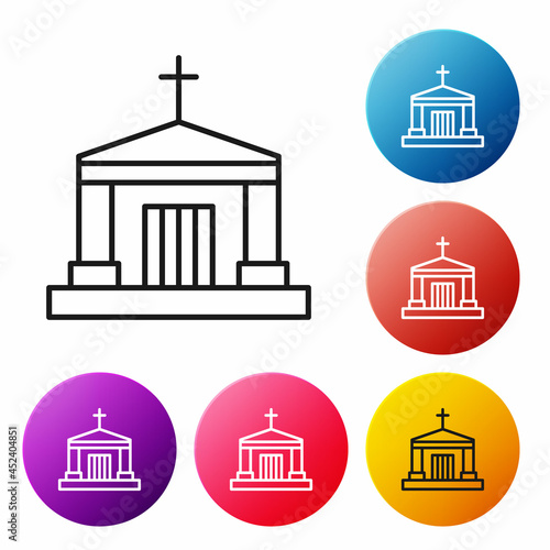 Black line Old crypt icon isolated on white background. Cemetery symbol. Ossuary or crypt for burial of deceased. Set icons colorful circle buttons. Vector