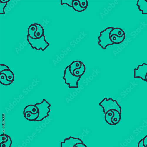 Blue line Yin Yang symbol of harmony and balance icon isolated seamless pattern on green background. Vector