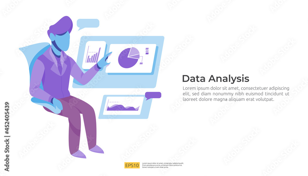 digital analysis concept for business market research, marketing strategy, auditing and financial. data visualization with character, charts and statistics for landing page, banner, presentation