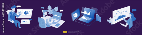 digital analysis set concept for business market research, marketing strategy, auditing and financial. data visualization with character, charts and statistics for landing page, banner, presentation