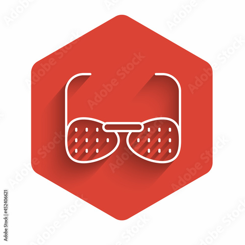 White line Glasses for the blind and visually impaired icon isolated with long shadow. Red hexagon button. Vector