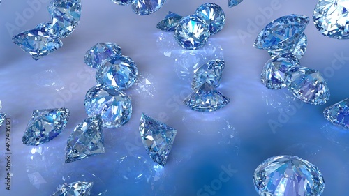 Shiny Diamonds falling on blue sky lighting. 3D illustration. 3D CG. 3D high quality rendering.