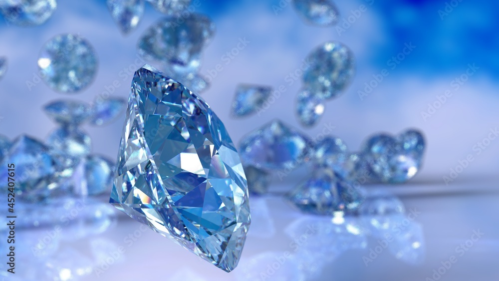 Shiny Diamonds falling on blue sky lighting. 3D illustration. 3D CG. 3D high quality rendering. Shiny Diamonds falling on blue sky lighting. 3D illustration. 3D CG. 3D high quality rendering.