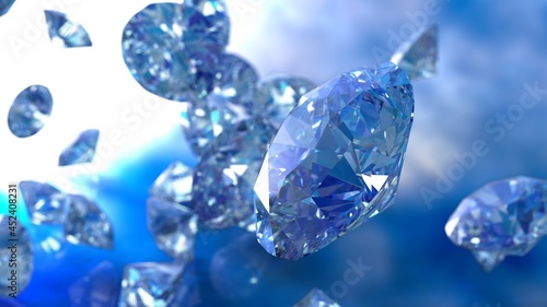Shiny Diamonds falling on blue sky lighting. 3D illustration. 3D CG. 3D high quality rendering.