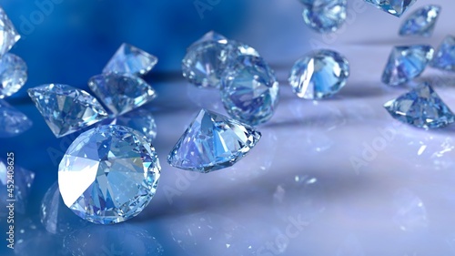 Shiny Diamonds falling on blue sky  lighting. 3D illustration. 3D CG. 3D high quality rendering.