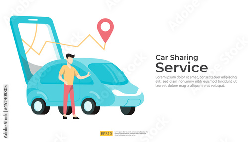 online taxi or rent transportation using smartphone service application with character and route points location on gps map for landing page, banner, web, UI, flyer. Car sharing illustration concept