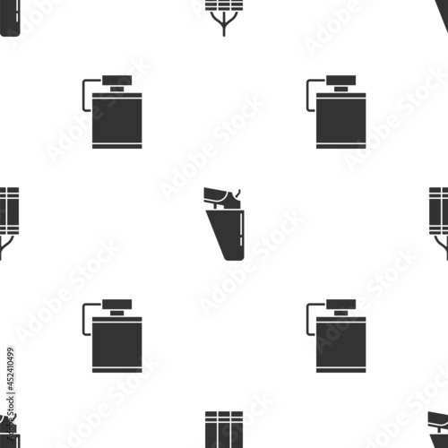 Set Dynamite bomb, Revolver gun in holster and Canteen water bottle on seamless pattern. Vector