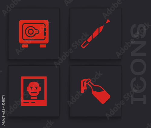 Set Cocktail molotov, Safe, Marijuana joint and Wanted poster icon. Vector