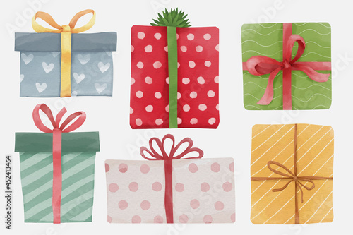 Set of christmas and new year watercolor gift boxes