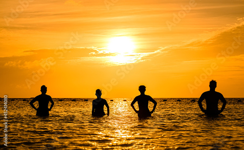 silhouettes of people on the sea  warm sunshine on the morning  at Haadrin beach  koh phangan  surathhani   thailand