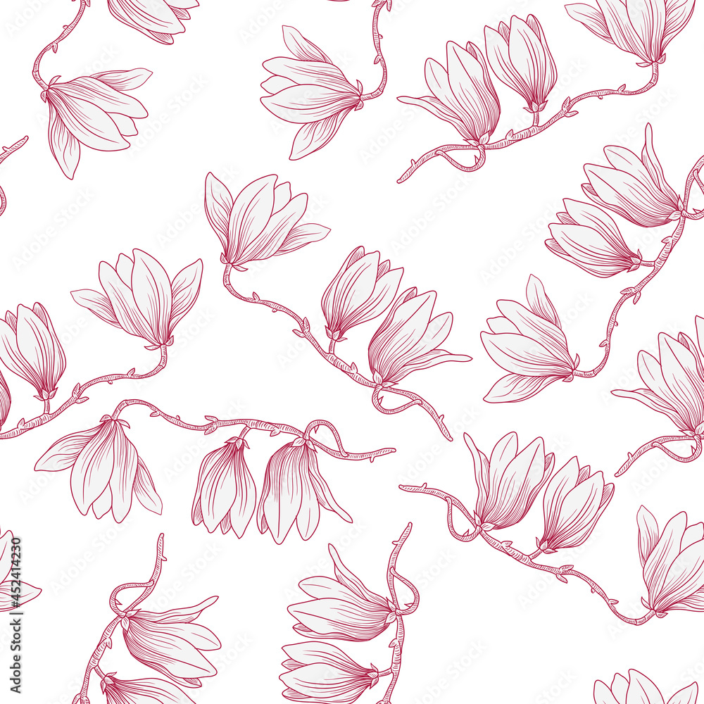 vector drawing seamless pattern with branch of magnolia tree with flowers, hand drawn vintage illustration vector drawing seamless pattern with branch of magnolia tree with flowers, hand drawn vintage illustration