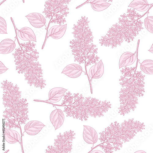 vector drawing seamless pattern with branch of lilac tree with flowers and leaves, hand drawn vintage illustration