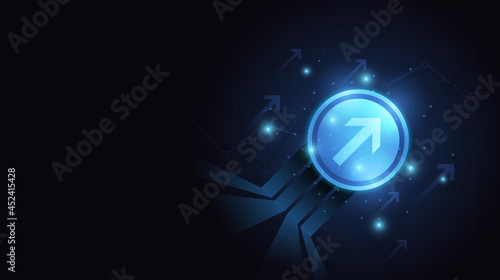 Financial chart with moving up arrow graph icon in stock market on blue color background