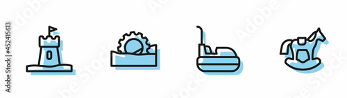 Set line Bumper car, Sand tower, Ferris wheel and Horse in saddle swing icon. Vector
