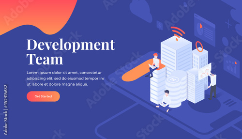 Modern flat isometric concept of Smart City for website or mobile website on dark background. Technology people sitting. Landing page template.