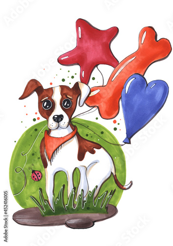 Fototapeta Naklejka Na Ścianę i Meble -  cartoon children's style sketch with a funny dog ​​breed jack russell terrier sitting holding balloons multicolored heart bone and star