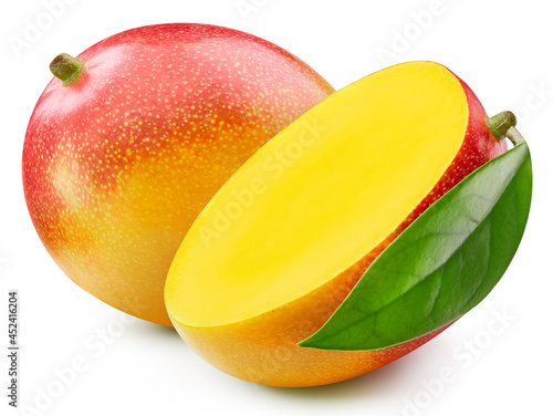 Juicy mango isolated on the white background. Fresh mango and leaf. Clipping path peach. Mango macro studio photo
