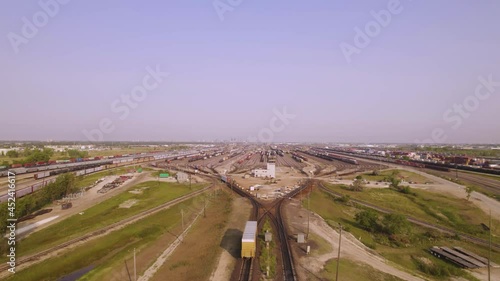 Drone flight over trains, intermodal containers, railway, shipping depot photo