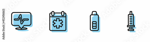 Set line Digital thermometer, Heart rate, Doctor appointment and Syringe icon. Vector